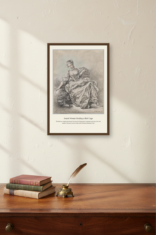 Seated Woman Holding a Bird Cage — Antique Natural History Print