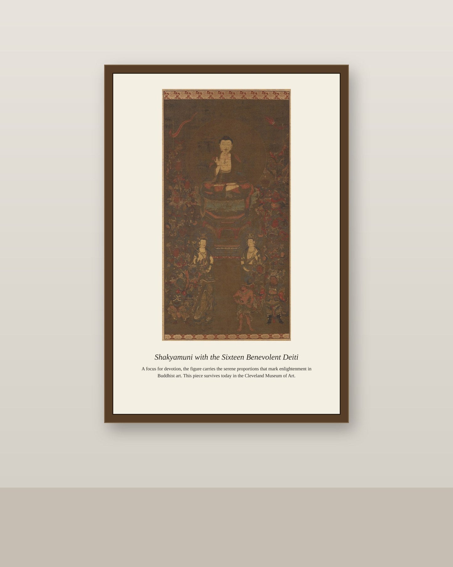Shakyamuni with the Sixteen Benevolent antique religious art print shown framed on a wall in a styled room