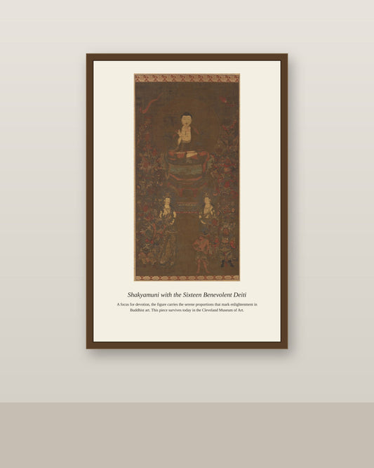 Shakyamuni with the Sixteen Benevolent antique religious art print shown framed on a wall in a styled room