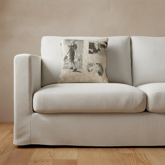A square decorative throw pillow with a vintage-style black and beige collage print, resting on a light beige slipcovered sofa against a textured beige wall and light wood flooring.