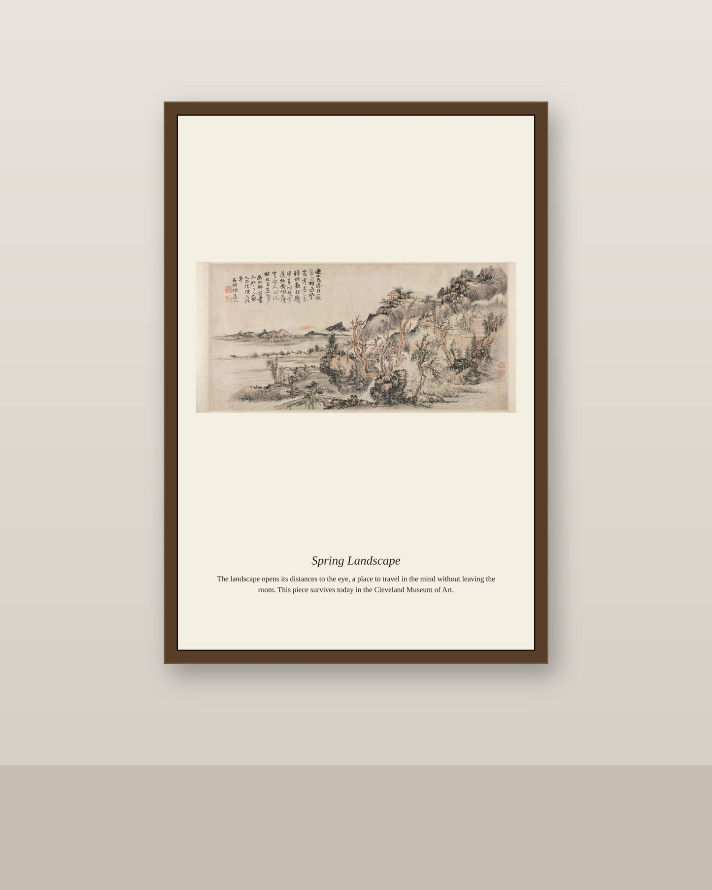 Spring Landscape antique landscape print shown framed on a wall in a styled room