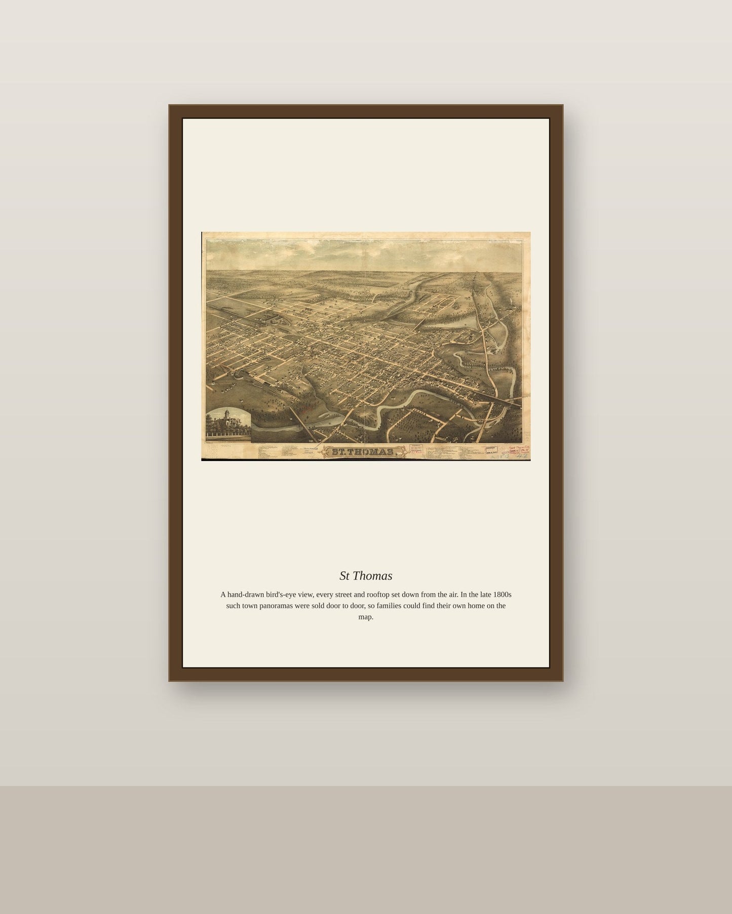 St Thomas antique map print shown framed on a wall in a styled room