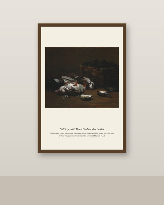 Still Life with Dead Birds antique natural history print shown framed on a wall in a styled room
