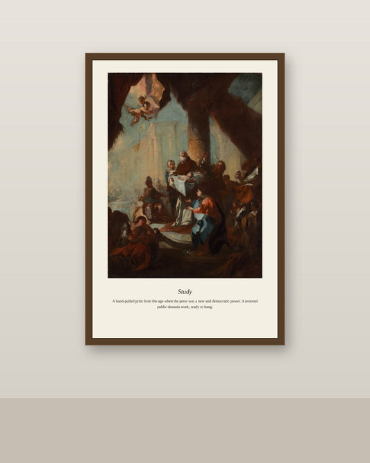 Study antique art print shown framed on a wall in a styled room