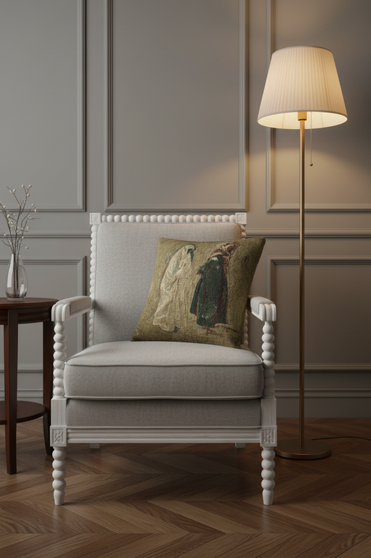 A classic white upholstered armchair with turned legs and a decorative throw pillow, set in a styled room with a wooden floor, a brass floor lamp, and a side table.