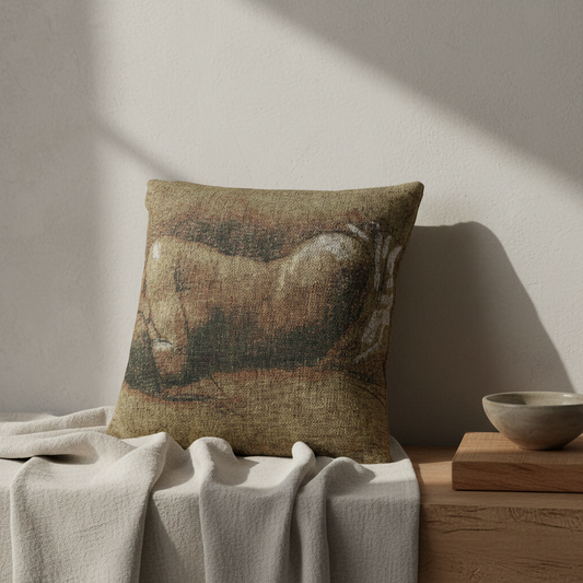 A square throw pillow featuring a vintage-style painting of a nude female torso in earthy brown, beige, and muted green tones, styled on a draped cream linen cloth next to a wooden bowl against a textured wall.