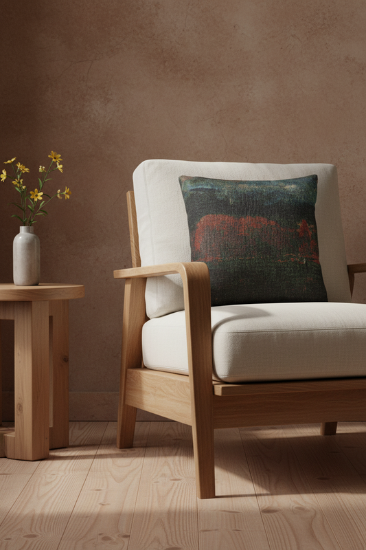 A light oak wooden armchair with off-white cushions, styled in a minimalist room with a textured brown wall, a small wooden side table with yellow flowers, and a dark patterned accent pillow.
