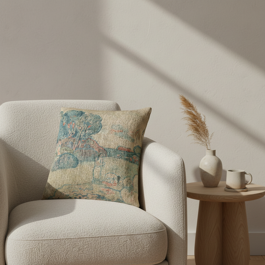 A square throw pillow with a distressed, vintage-style abstract pattern in muted blue, teal, and rust tones on a beige linen-like background, styled on a cream boucle armchair next to a wooden side table with a vase and mug.