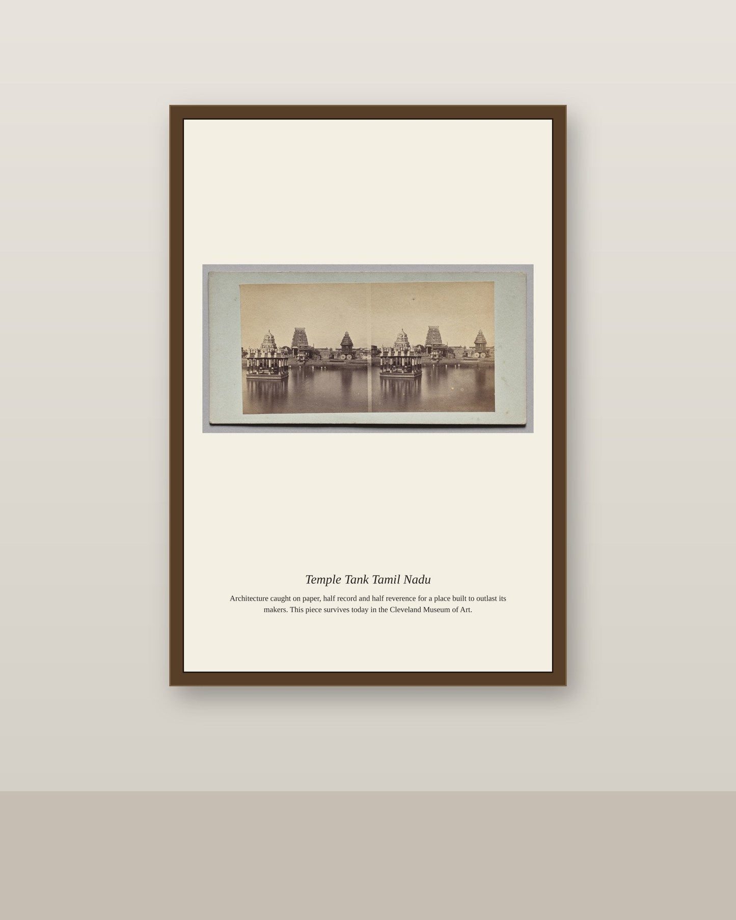Temple Tank Tamil Nadu antique architectural print shown framed on a wall in a styled room