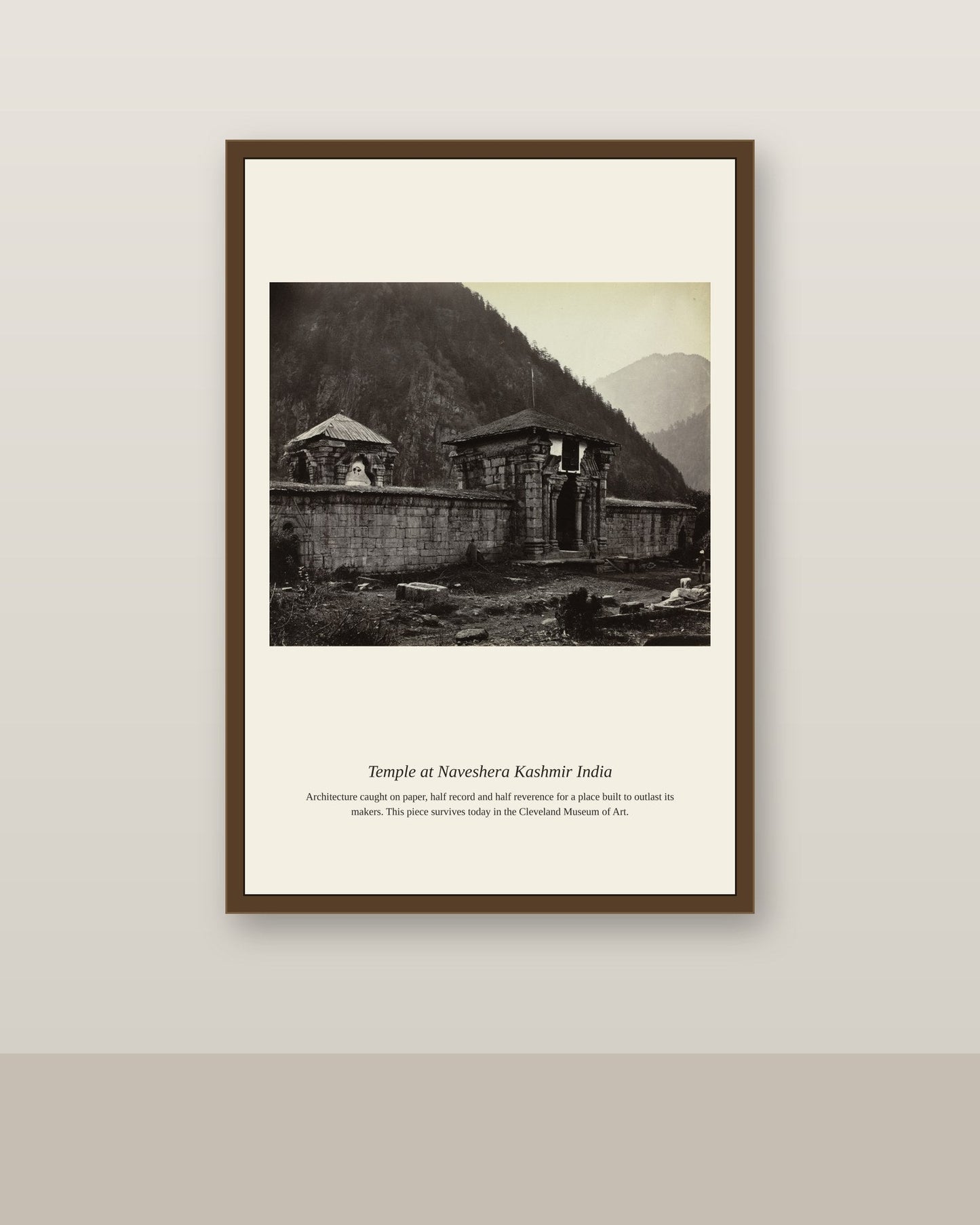 Temple at Naveshera Kashmir India antique architectural print shown framed on a wall in a styled room