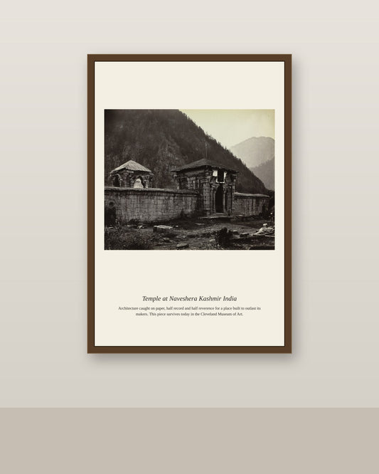 Temple at Naveshera Kashmir India antique architectural print shown framed on a wall in a styled room