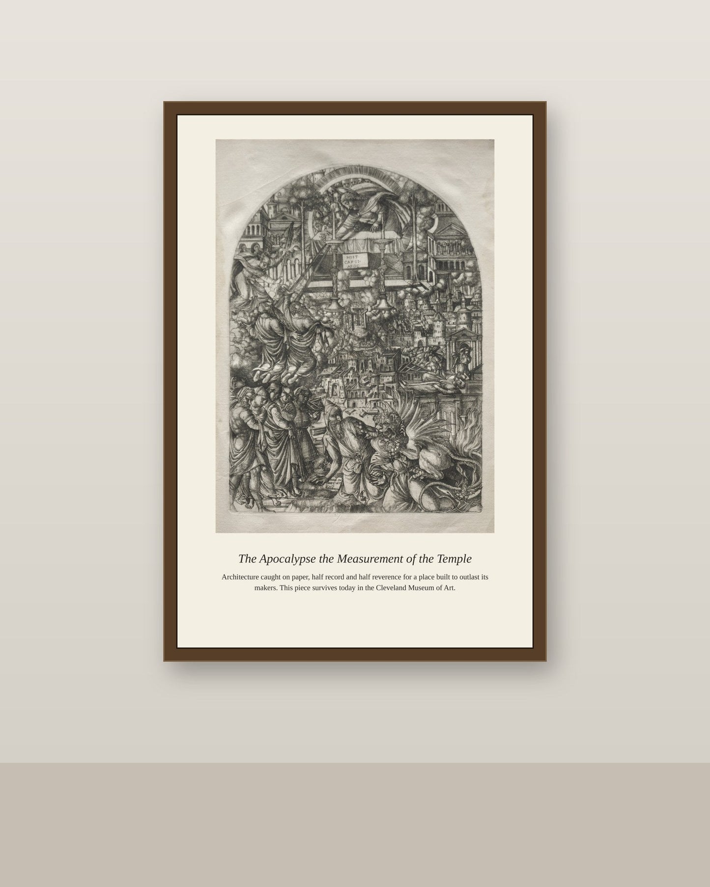 The Apocalypse the Measurement antique architectural print shown framed on a wall in a styled room