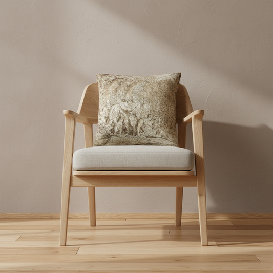 A light natural wood armchair with a light gray cushion and a square decorative pillow featuring a beige and gray classical scene, set against a textured beige wall and light wood floor.