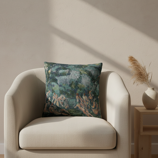 A square decorative throw pillow with an abstract tapestry-style pattern in teal, green, and terracotta tones, styled on a cream-colored armchair next to a wooden side table with a vase of dried grass.
