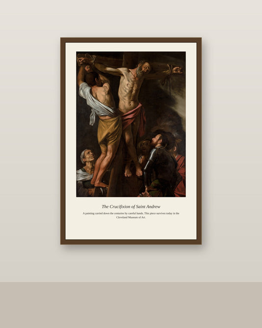 The Crucifixion of Saint Andrew antique religious art print shown framed on a wall in a styled room