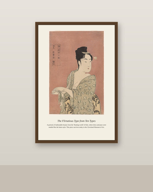 The Flirtatious Type from Ten Types antique portrait print shown framed on a wall in a styled room
