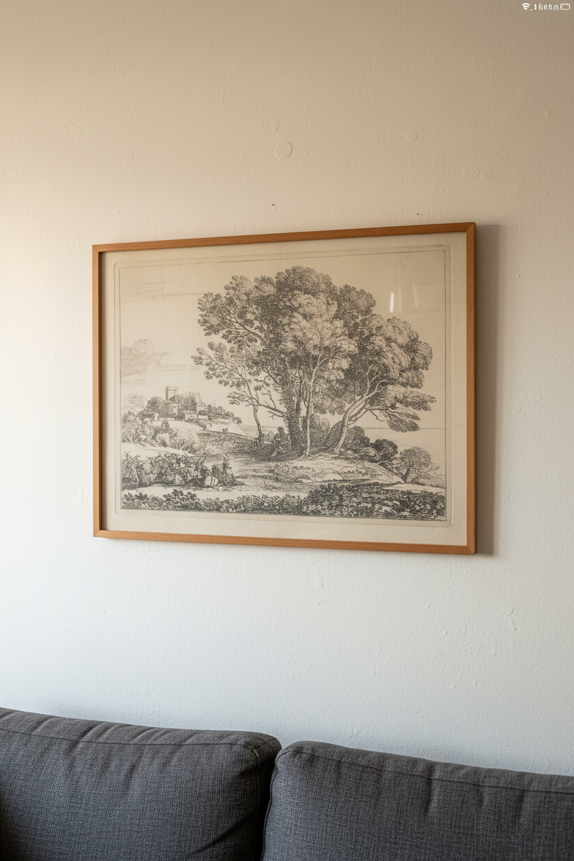 A framed black and white landscape art print featuring a large tree, hung on a light beige wall above a dark gray sofa.
