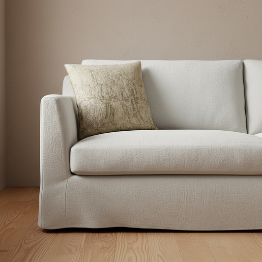 A light beige slipcovered loveseat sofa with a textured beige throw pillow, set against a neutral beige wall and light wood flooring.