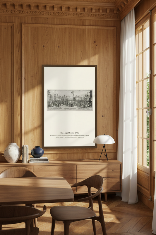 A framed black and white art print titled 'The Large Museum of Life' is displayed on a wooden wall in a warm, modern dining room setting with wood paneling, a wooden credenza, and a white table lamp.