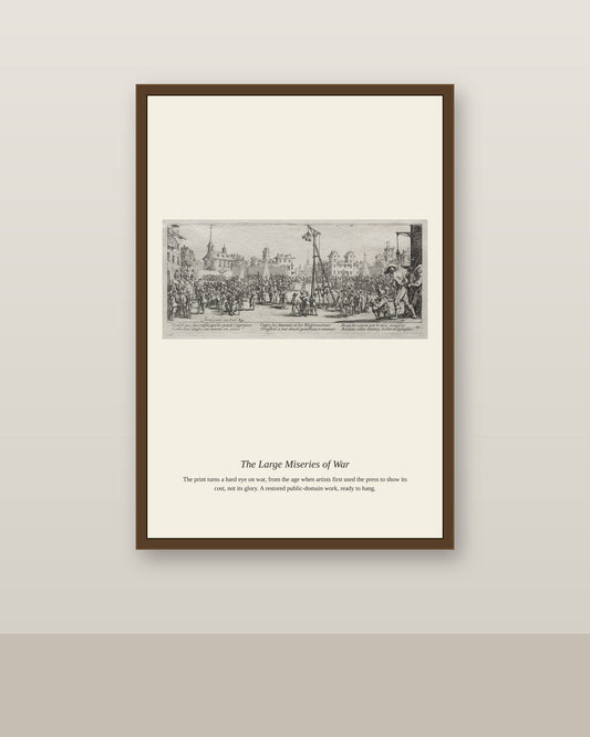 The Large Miseries of War (11) antique historical print shown framed on a wall in a styled room