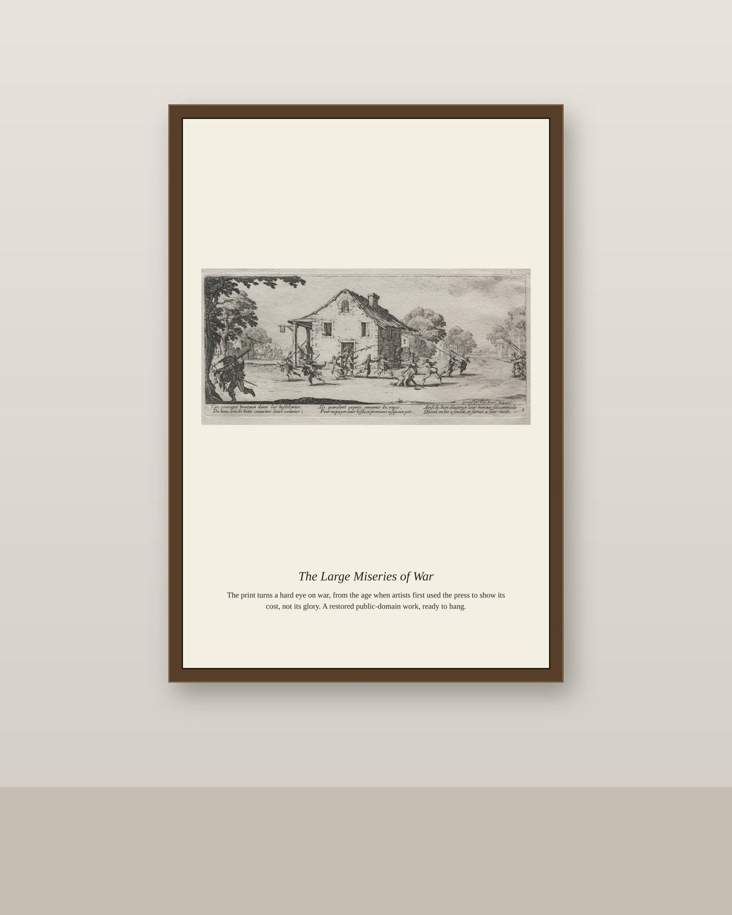 The Large Miseries of War (12) antique historical print shown framed on a wall in a styled room