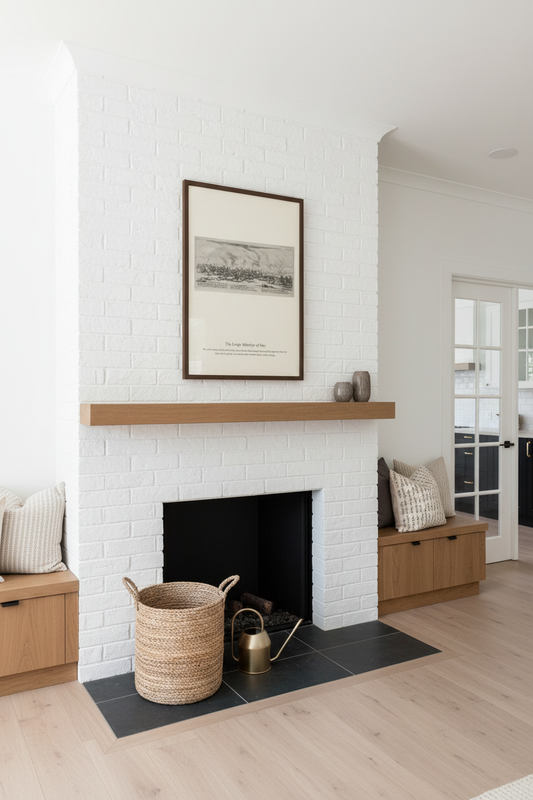 A styled interior scene featuring a white brick fireplace with a light wood mantel, a black firebox, a black slate hearth, and a large framed black-and-white print above it. A woven basket and small brass watering can sit on the hearth, and wood bench seating is visible on both sides.