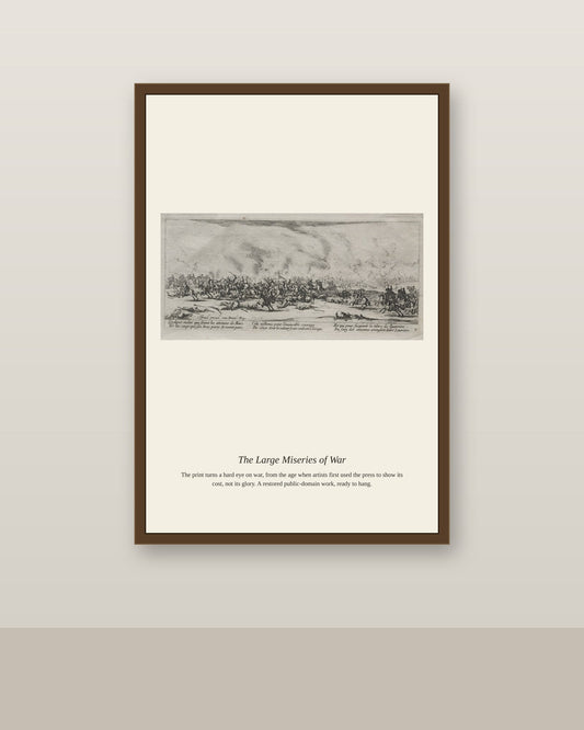 The Large Miseries of War (13) antique historical print shown framed on a wall in a styled room