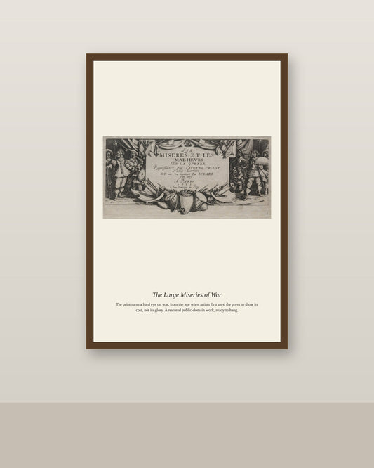 The Large Miseries of War (2) antique historical print shown framed on a wall in a styled room
