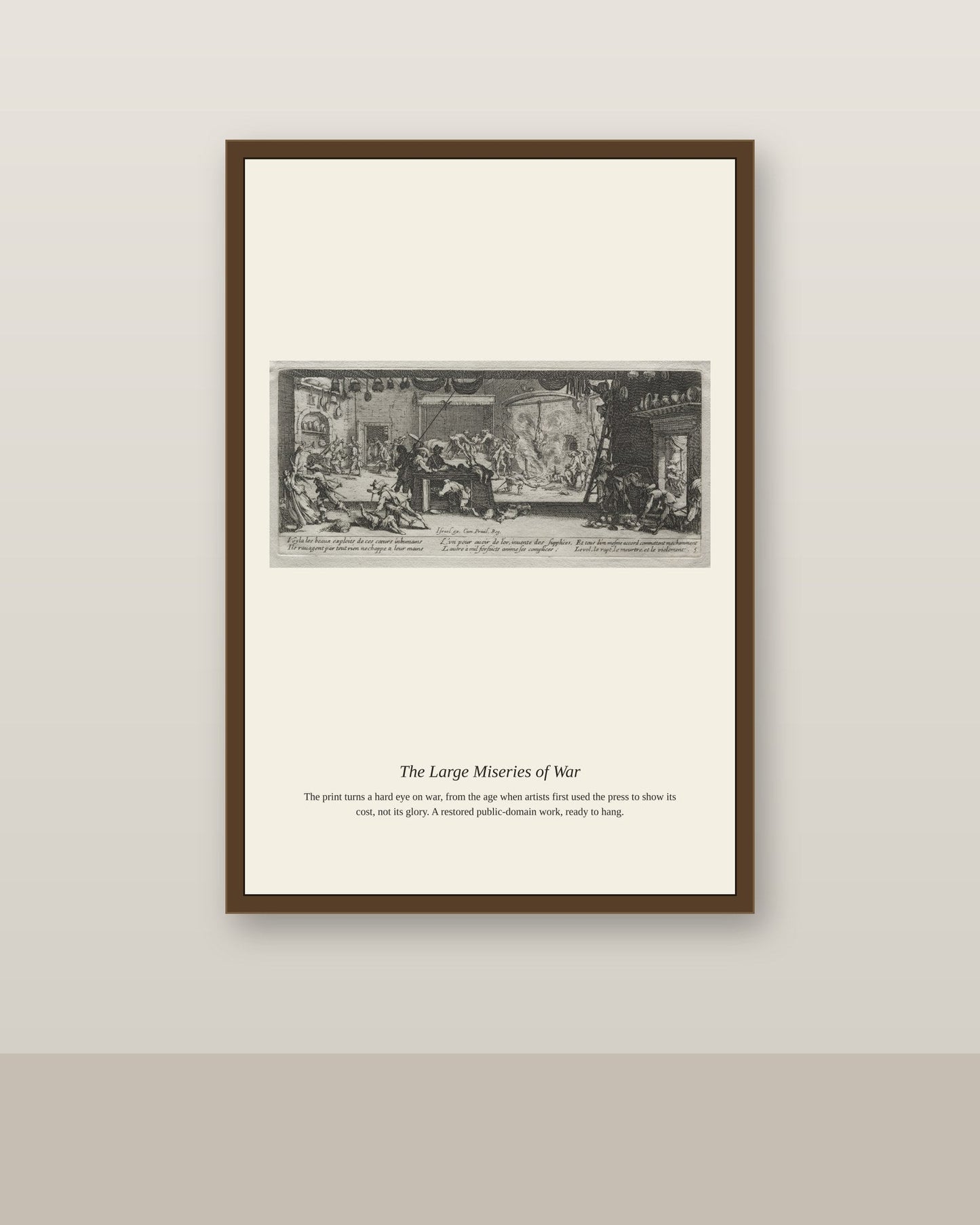 The Large Miseries of War (4) antique historical print shown framed on a wall in a styled room