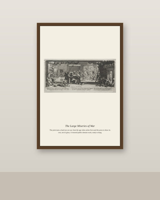 The Large Miseries of War (4) antique historical print shown framed on a wall in a styled room