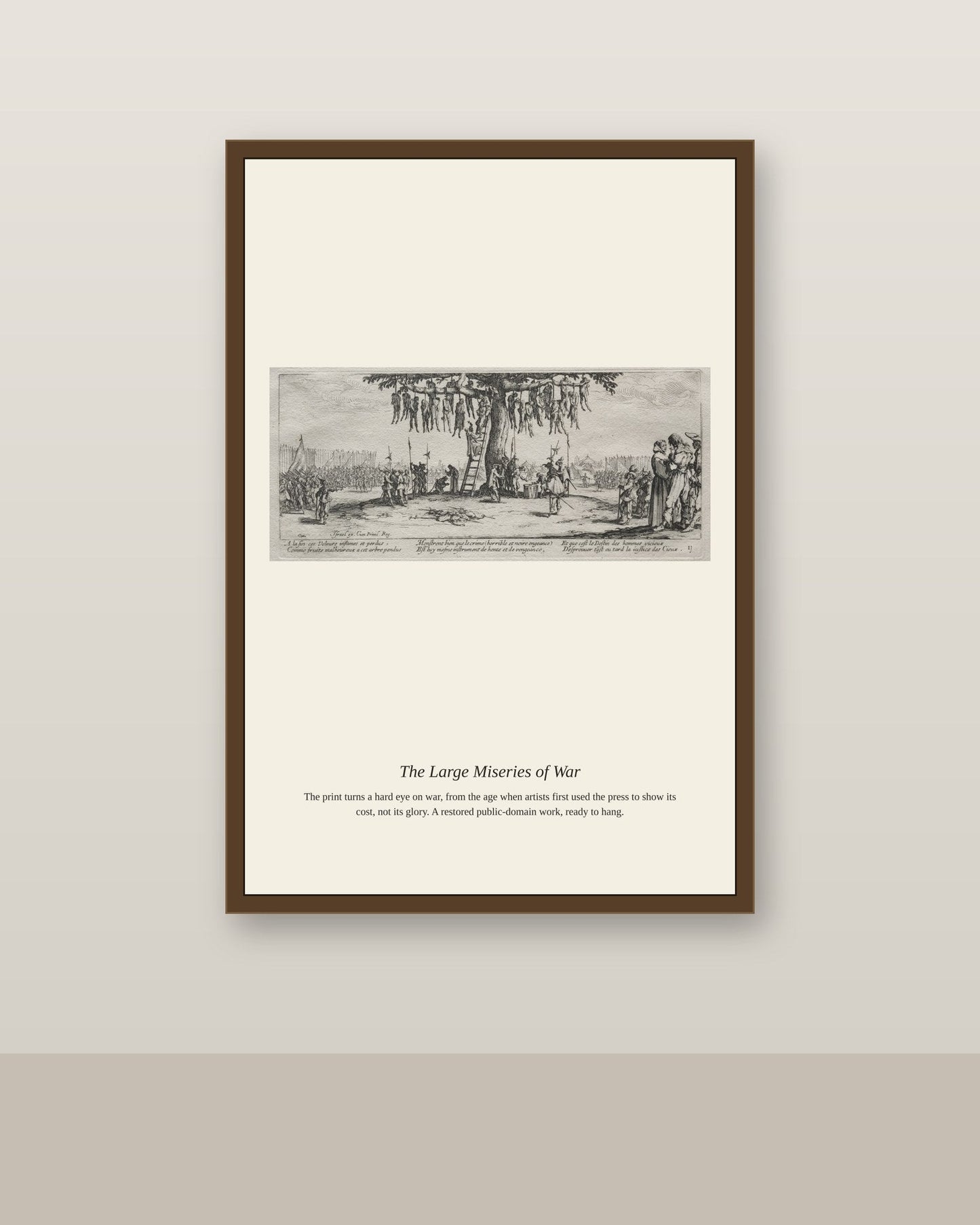 The Large Miseries of War (6) antique historical print shown framed on a wall in a styled room