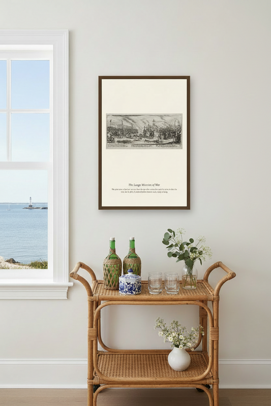A framed black and white art print titled 'The Large Ship of War' is displayed on a light gray wall above a wooden rattan cart with decorative bottles and flowers, next to a window showing the ocean.