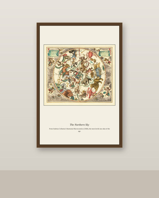 The Northern Constellations antique celestial print shown framed on a wall in a styled room