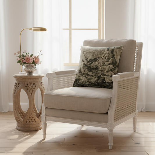 A cream-colored wicker armchair with beige cushions and a decorative floral throw pillow, styled in a bright room next to a carved wooden side table with a gold lamp and flowers.