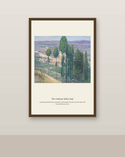 The Umbrian Valley Italy antique landscape print shown framed on a wall in a styled room