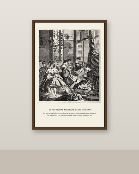 The War Making Havelocks for the Volunteers antique historical print shown framed on a wall in a styled room
