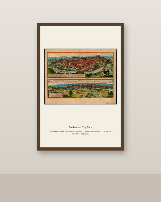 Toledo antique city map print shown framed on a wall in a styled room