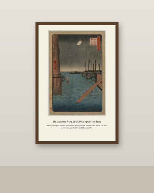 Tsukudajima from Eitai Bridge antique architectural print shown framed on a wall in a styled room