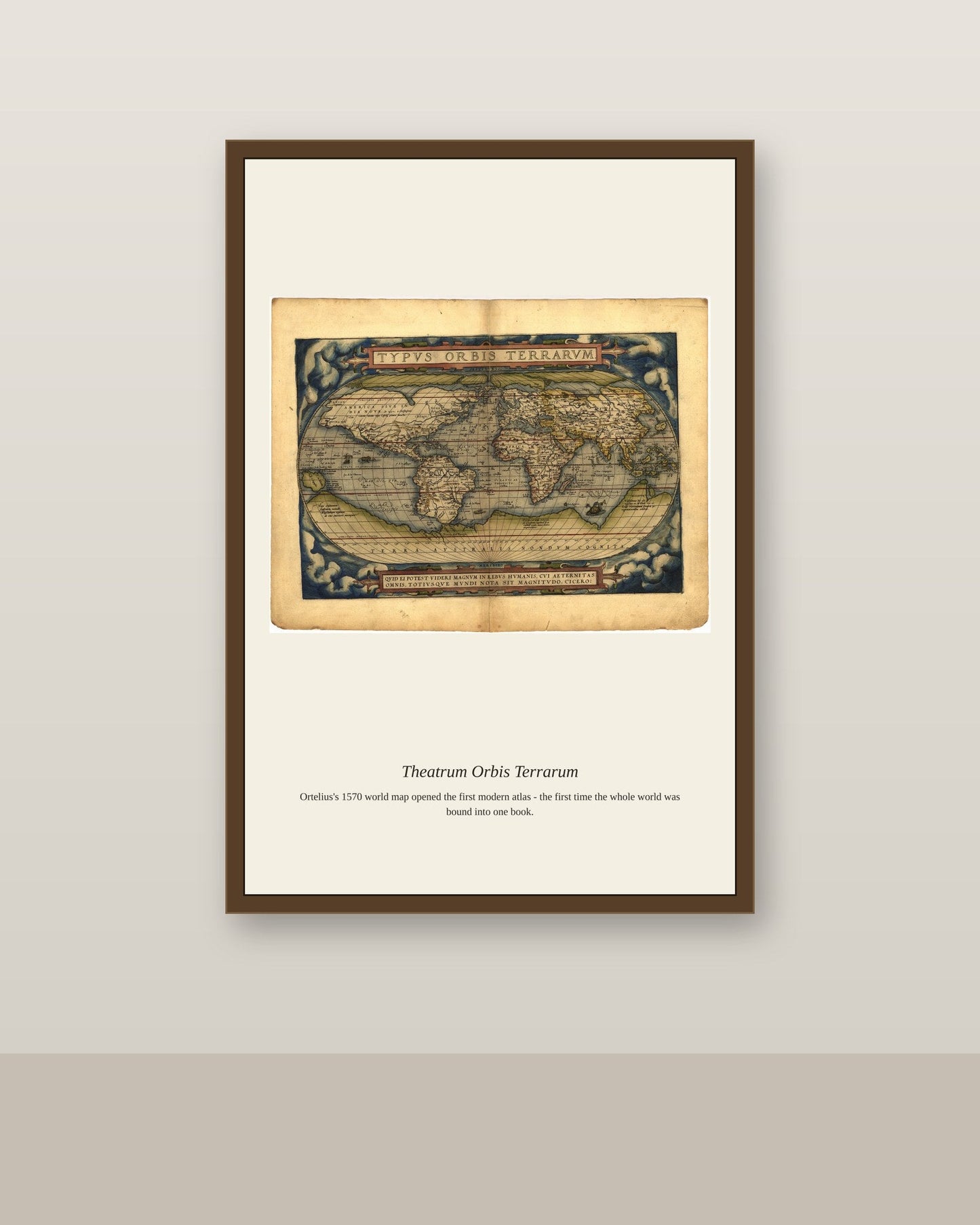 Typus Orbis Terrarum antique world map print shown framed on a wall in a styled room