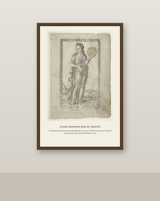 Urania, Mantegna Tarocchi antique celestial print shown framed on a wall in a styled room