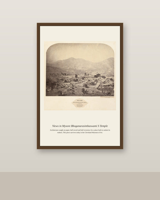 Views in Mysore Bhoganarasimhaswami's antique architectural print shown framed on a wall in a styled room