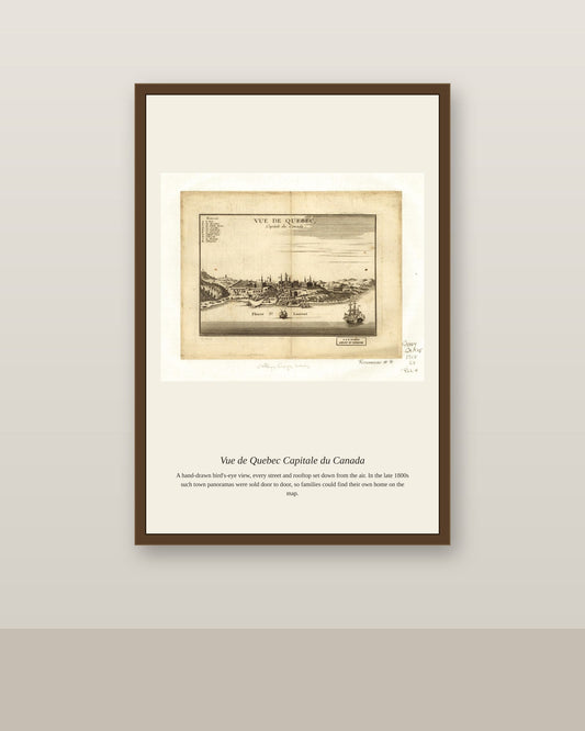 Vue de Quebec Capitale du Canada antique map print shown framed on a wall in a styled room