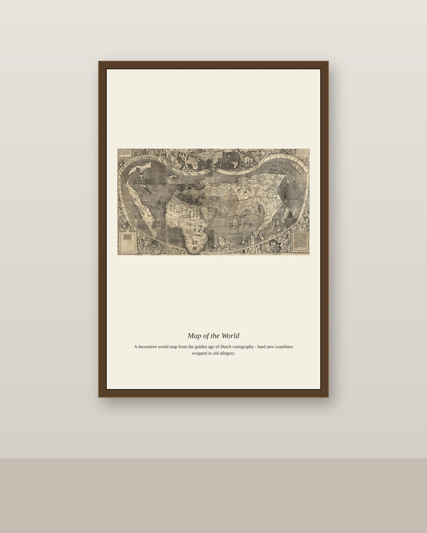 Waldseemuller World Map antique world map print shown framed on a wall in a styled room
