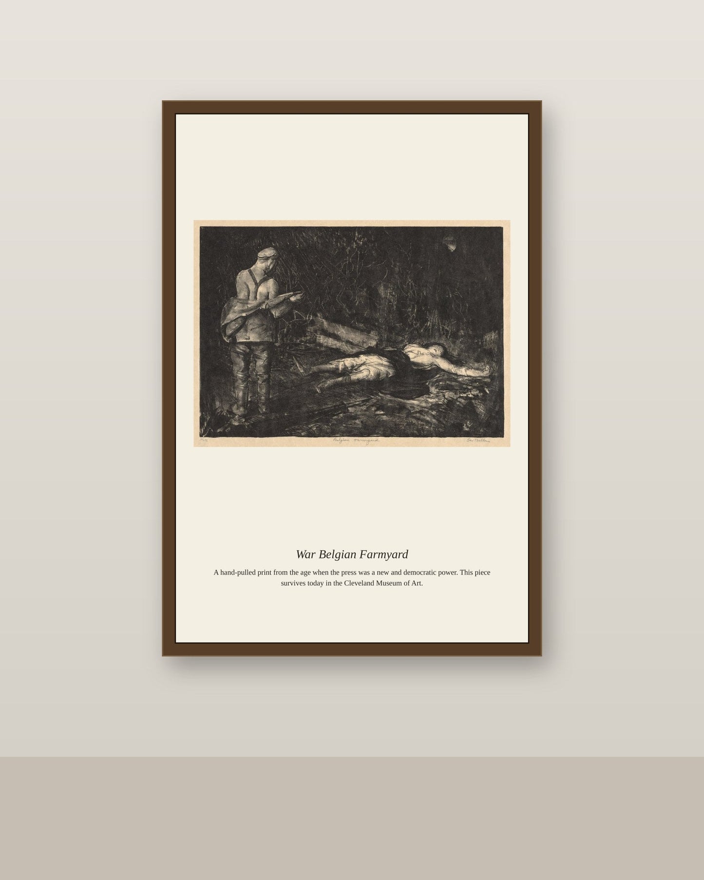War Belgian Farmyard antique historical print shown framed on a wall in a styled room
