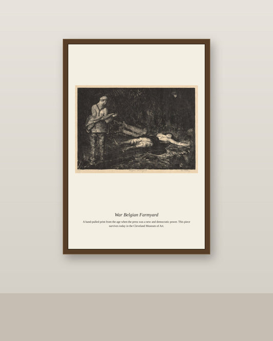 War Belgian Farmyard antique historical print shown framed on a wall in a styled room