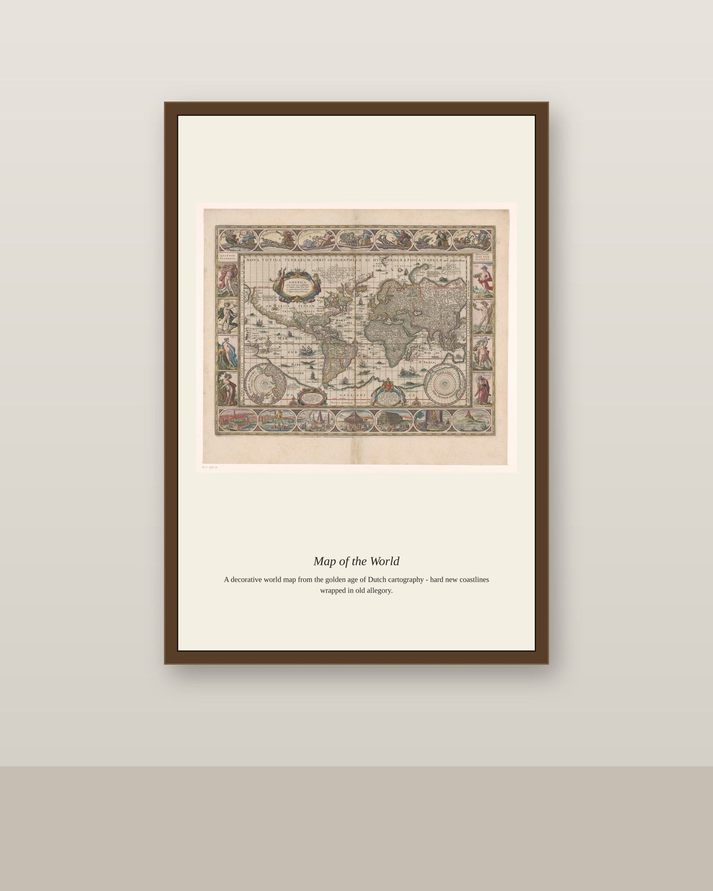 Wereldkaart Met Decoratieve Randen Nova antique world map print shown framed on a wall in a styled room