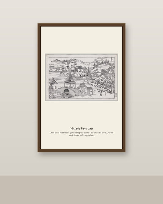 Westlake Panorama (2) antique map print shown framed on a wall in a styled room