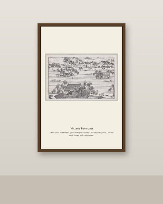Westlake Panorama (3) antique map print shown framed on a wall in a styled room