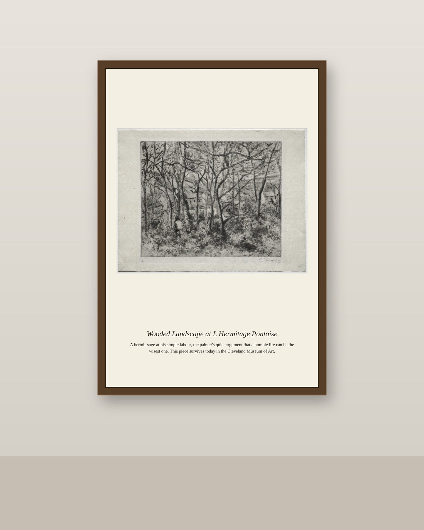 Wooded Landscape at L Hermitage Pontoise antique landscape print shown framed on a wall in a styled room