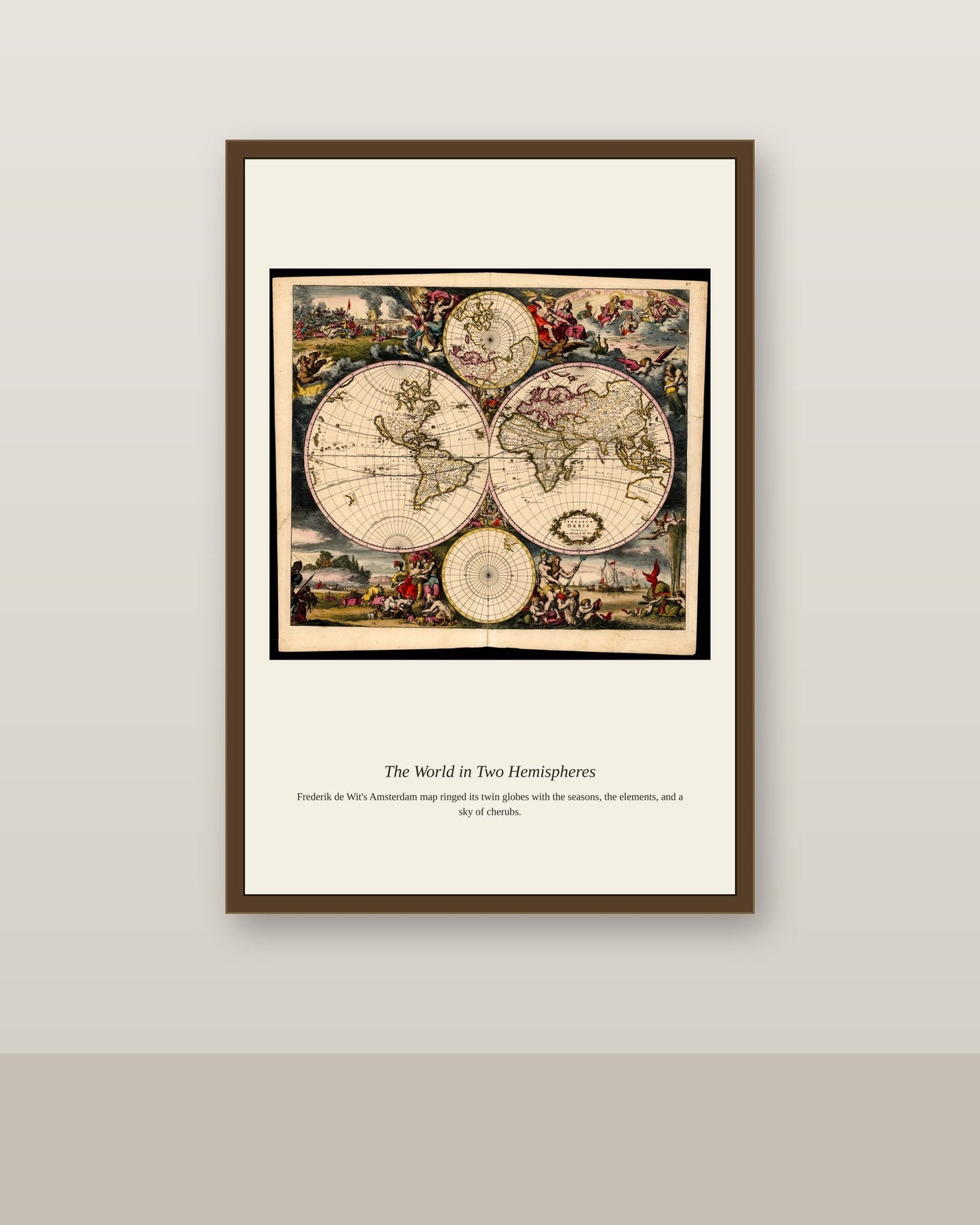 World Map in Two Hemispheres antique world map print shown framed on a wall in a styled room